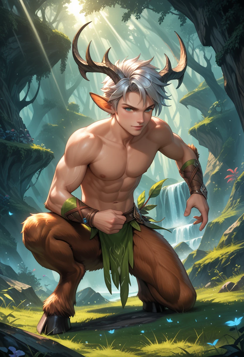 Handsome guy , Korean. He has very dark skin., yellow hair knee length with side bangs. He has faun ears., in the ears gold earrings rings. On the head are deer antlers. He has a bare torso and furry brown pants and shoes in the shape of hooves.. He has a red heart pendant.. He squats in a thicket of ferns and shoots an arrow from a bow.. He smiles beautifully. A kind jaguar next to him.