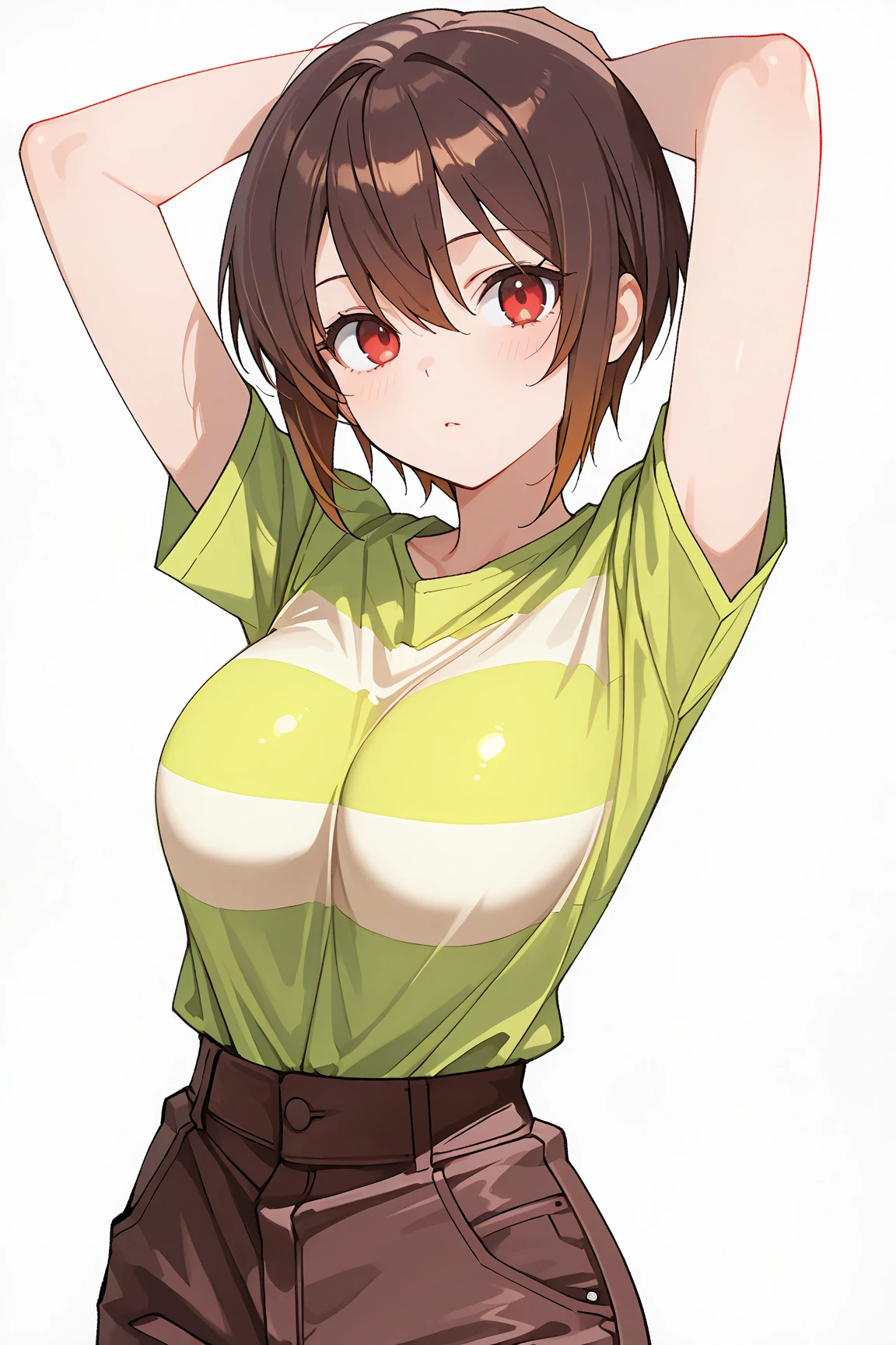 Nagisaki Nobara, ropa de ejercicio, sexy , cara seductora, bikini, hot, detailed face , front look , standing front, , panty, hands on back, little smile on face, red cheeks, medium large breast size, wet t shirt, no cut frame high quality