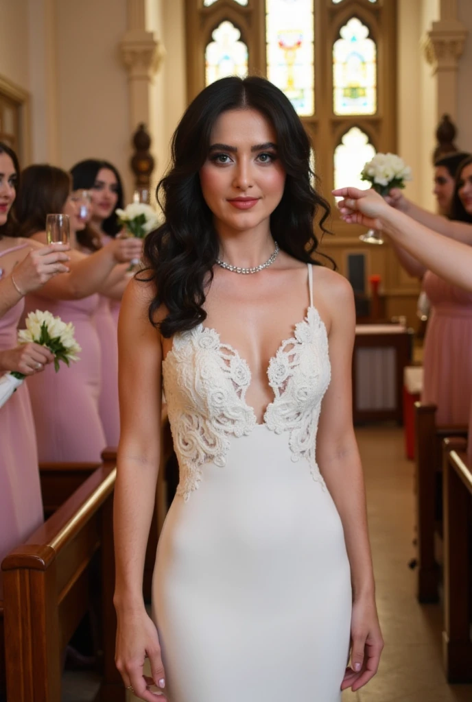 uma garota ruiva, com olhos azuis brilhantes, pale and wearing black lipstick, wearing a wedding dress and holding a bouquet of lilies