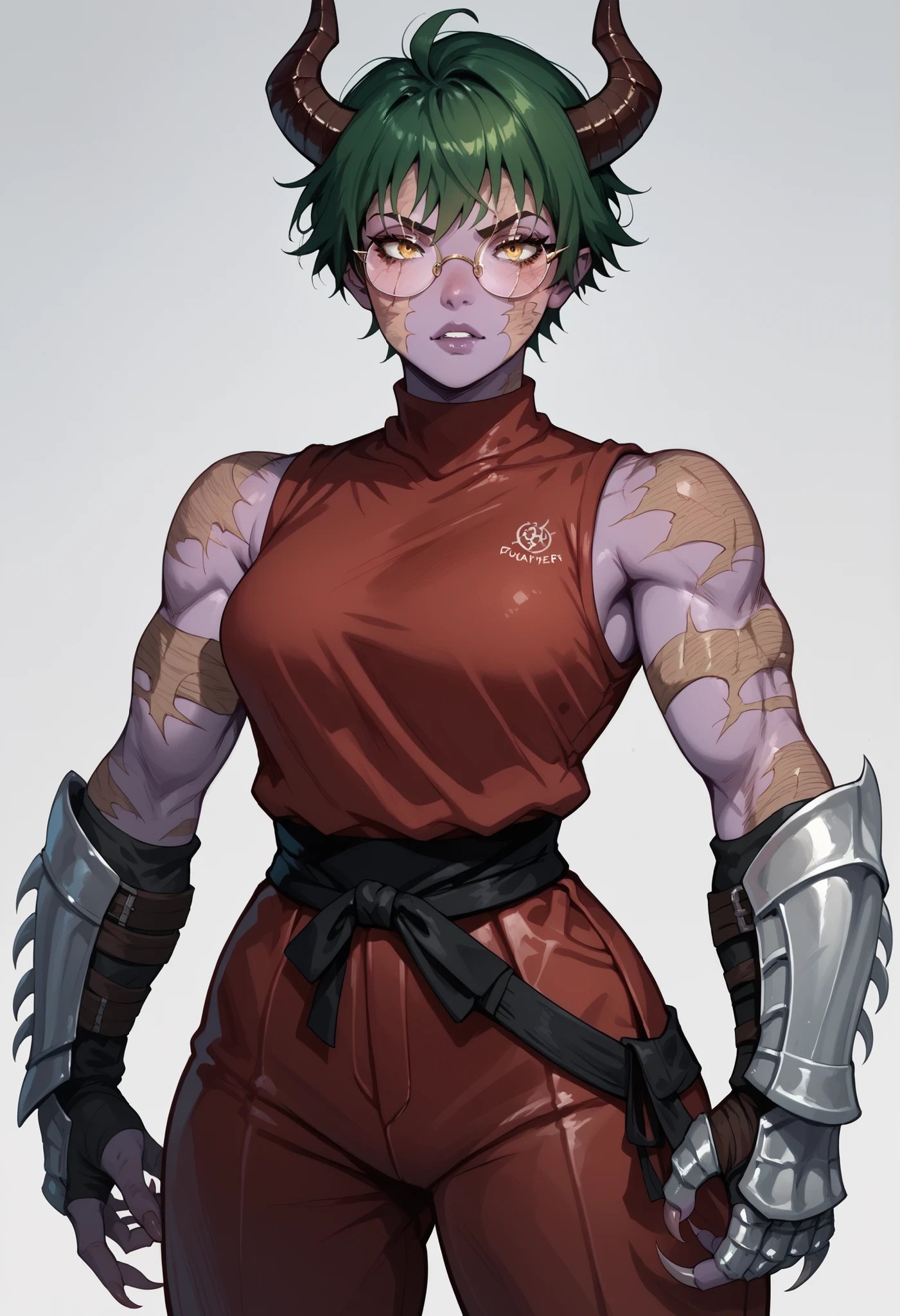 maki, green hair, yellow eyes, round glasses, scars on body, scar, burn scar, demon girl, horns red shirts, red pants, purple skin, sleeveless, muscular female, TMNTShredder, armored samurai, knight, claw gauntlets
