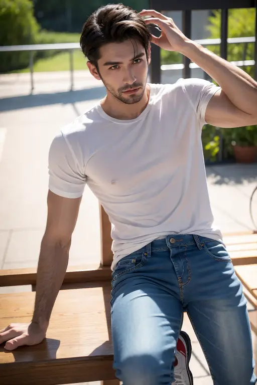Wide Angle，Portraits [Skinny Soviet soldier boy, Hairy body, Alpha Male, Huge biceps, Well-developed abdominal muscles, Blue Jeans, White T-shirt, sports shoes, Handsome, Sunshine Mountain Road, Highlight the bulge in your jeans] 4K, High Detail, beautiful, Dark Ages, Stanley Artjem (stanley Artgerm) Artworks, author：Daniel F Gerhartz, Pino Deheny, Very detailed, Clear focus.