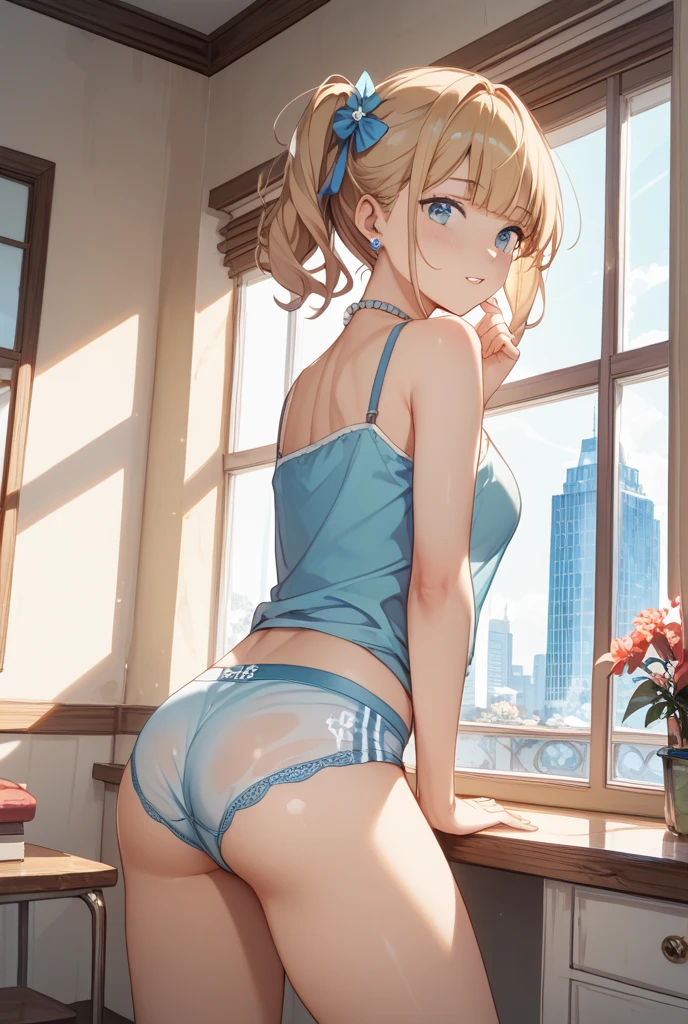 Himiko Toga, , pink panties with white stripes, camel toe, black lace bra, medium breasts, bedroom, smiling, sunrise, Back