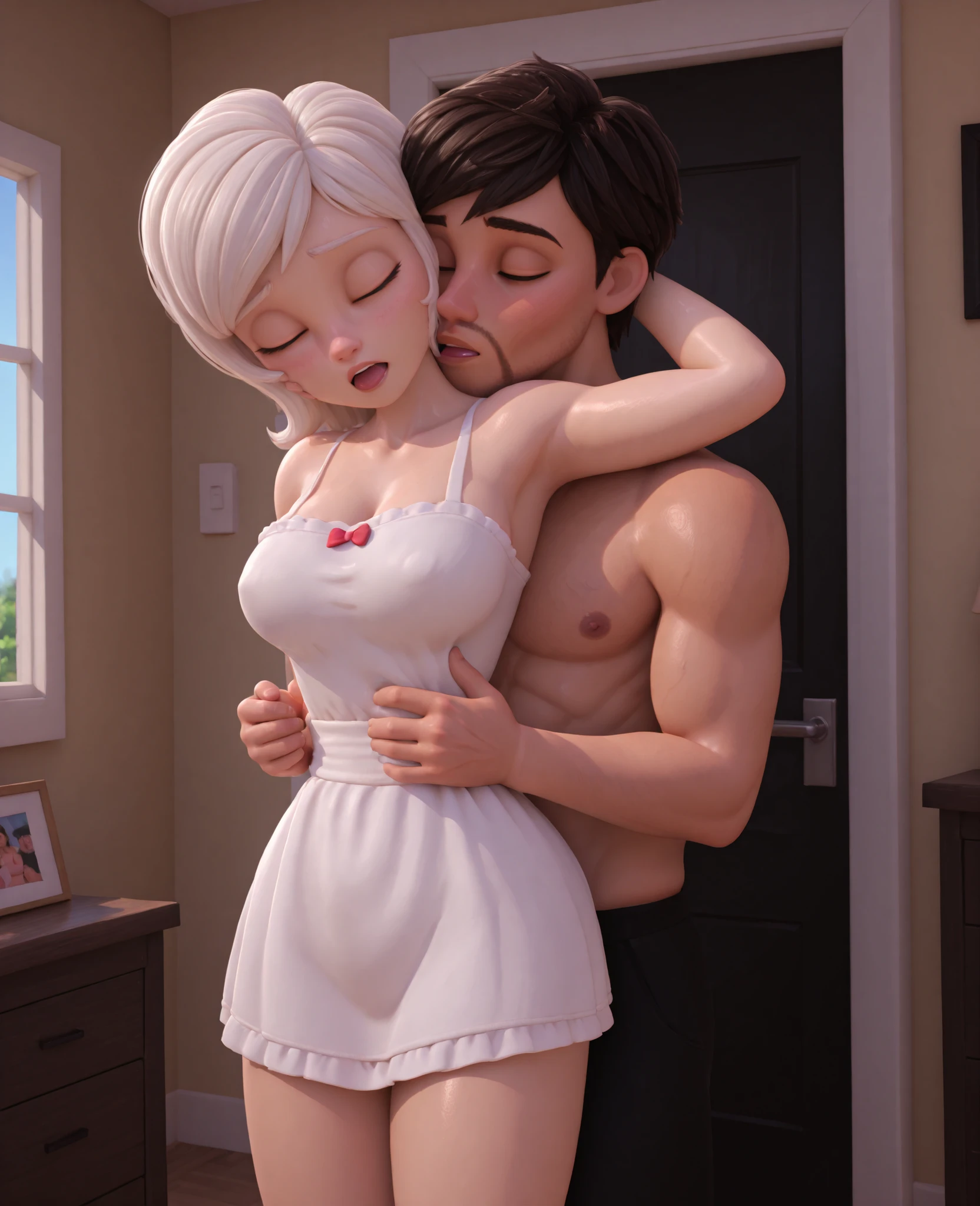 score_9, score_8_up, score_7_up, 1woman, solo, hair, closed eyes, white milky porcelain skin, white-skinned female, straight red shoulder length hair, lovely medium breasts, perfect body, black short dress, white apron, female organism, open mouth, looking at viewer, head tilt, nose blush, blush, indoor, bedroom, day time, shiny skin, against door, standing , upper body, 1woman, 1boy (faceless, face on girl's face,
intense kiss, deep kiss, kiss ), hug. Dutch angle.