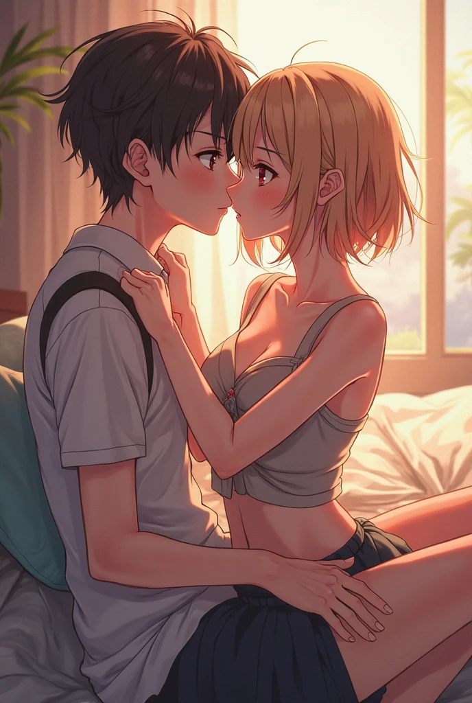 An anime boy on the couch with his sister kissing and enjoying themselves on top of the boy having intercourse naked