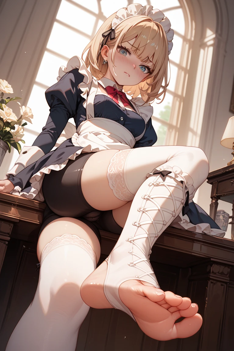 highest quality、realistic touch,high detail、photo realistic、long torso、Captive Beauty、Big eyes、Huge 、しっかりとしたplatinum blondeのまつげ、platinum blonde、Full body Esbian、sparkling eyes、obedient smile、My cheeks turned red、Kamimei、thin waist、plump thighs、Enchanted expression、raked bangs、forehead is protruding、tight maid uniform、thigh high socks、No sleeve、Tight skirt with a large slit、Corset to emphasize the chest、Front open skirt、crotch crack、sit with legs apart、flip up the skirt