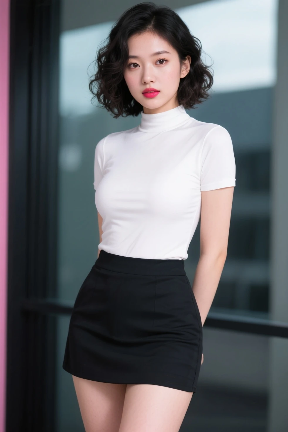 (narrow eyes:1.4), frontal shot , From the middle , (black eye), (japanese woman), 1 girl, (very small eyes:1.4), very beautiful 17 year old girl, beautiful breasts:1.5, (highly detailed eyes:1.2), (beautiful breasts:1.1), short hair, bangs, (thick legs, huge hips, thick thighs), perfect skin, Fair skin, (white teeth), tight waist, light blush, alone, looking at the viewer, look of despair, Are crying, shed tears, (white shirt)dark dark gray pleated skirt)