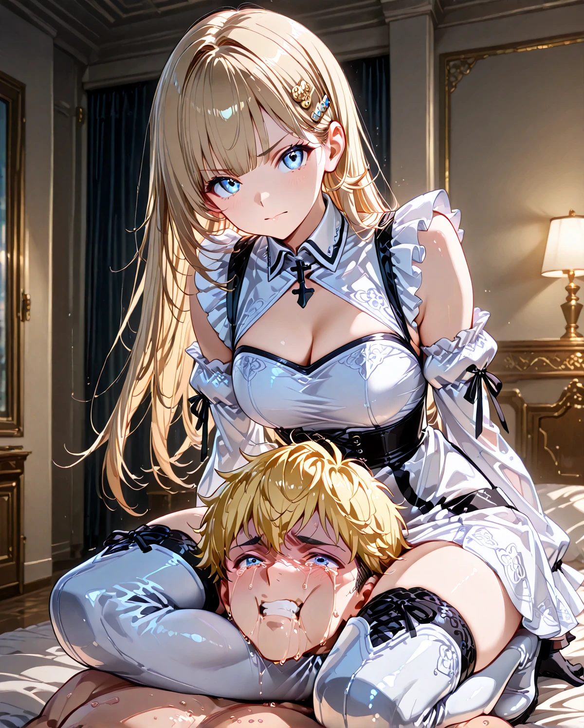((Broken Paladin Armor)),((1girl in:all-fours)),((1 boy:Grabbing a woman's waist)),(One guy),((SEX)),((doggy style)),((Doggy sex)),A detailed face,Beautiful expression,beautidful eyes,(is crying),(Motion Blur),(wet skin and hair:1.2),(Sweaty body:1.2)、(blush:1.22)、(Heart-shaped eyes:1.1)、(Heart shaped pupils:1.1),(Heart shaped pupils:1.11),(heart on eyes:1.19)、(droolng:1.2)、gold, Blonde hair, two side up]