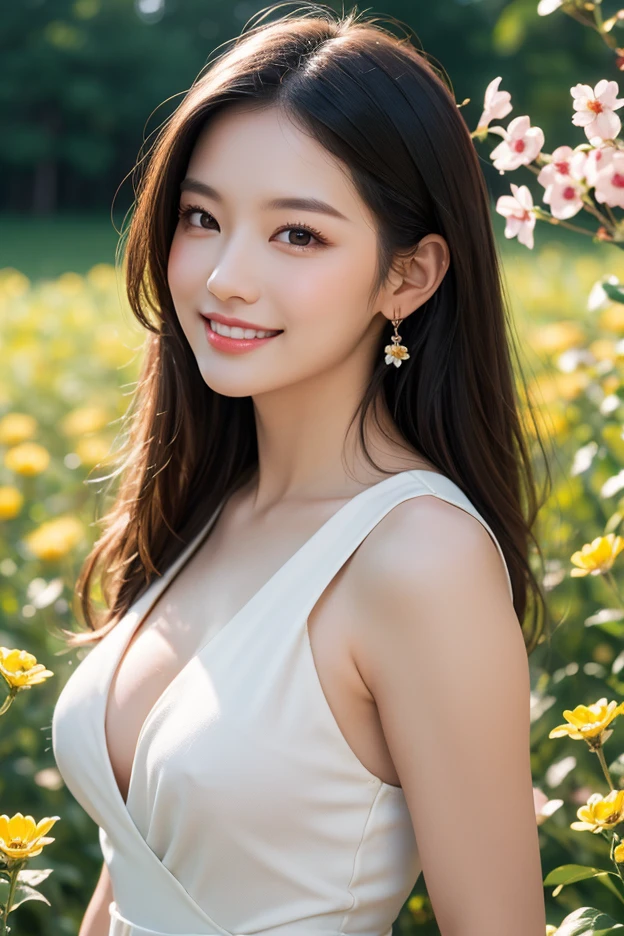 masterpiece, elegant. Ultra-fine details, masterpieces, realistic textures, realistic cinematic lighting, perfect work, 8k, HD, delicate facial features, (upper body), (large breast:1.2), smile, (Japanese idol:1.3), Professional lighting, 
Off-shoulder floral romper, Radiant with a hint of playfulness, Sunlit flower garden, Bohemian market stroll,
