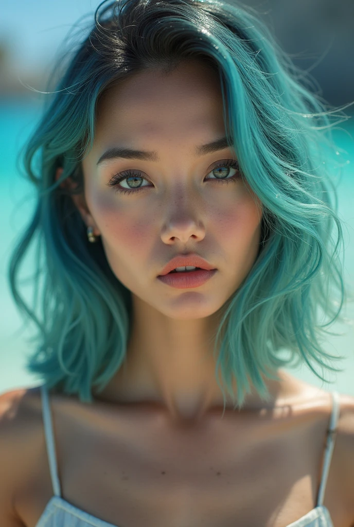 (blue hair:1.4), short hair, realistic green eyes, cobalt hair, long bob hair, tousled hair, shoulder length hair, Full body, woman with white skin and Asian features, 24 year old, big breast. She has a small, elegant nose with a slight upward curve at the tip. Her lips are full and naturally pink, with a well-defined Cupid's bow. Her teeth are straight and white, enhancing her captivating smile. Her face has an oval shape with high cheekbones that add to her model-like appearance. (crack), detailed (texture!, shine, color!!, flaws: 1.1), highly detailed glowing eyes, (looking at camera), specular light, dslr, extreme quality, crystal clear, cute face, detailed skin pores, oil Dark skin, brown, complex eye details, she is far from the camera, A full-body portrait, captured from a distance. Dynamic Frame, 8K, beautiful, realistic, (scenic view from Europe:1.3), looking at viewer, full body shot , ruby floral print, micro mini dress, bare shoulders,strapless, long sleeves, (short hair:1.3)