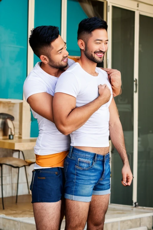 (((2heads))), a beautiful Dominican 38 year old man,(((big bulge:1.3))),fit, beautiful face, detailed brown eyes eyes, huge plastic breasts,naked, cleavage; unathletic, very wide shoulders, very wide hips, slim waist,, (half white and half black shirt):1.2,wet skin, drenched, black hair, unathletic, at. Indoors in the living room of a modest wooden home, mop and bucket, other people in background looking on, smiling, full body, realistic, detailed, ((sweaty skin))