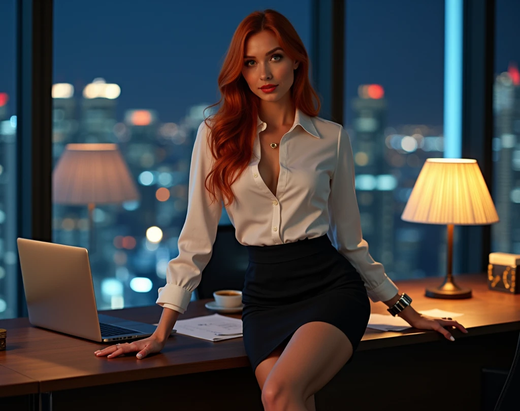 Donna con capelli rossi, green eyes wearing a knee-length skirt, a jacket black stockings and high heels sitting in an office on the top floor of a skyscraper