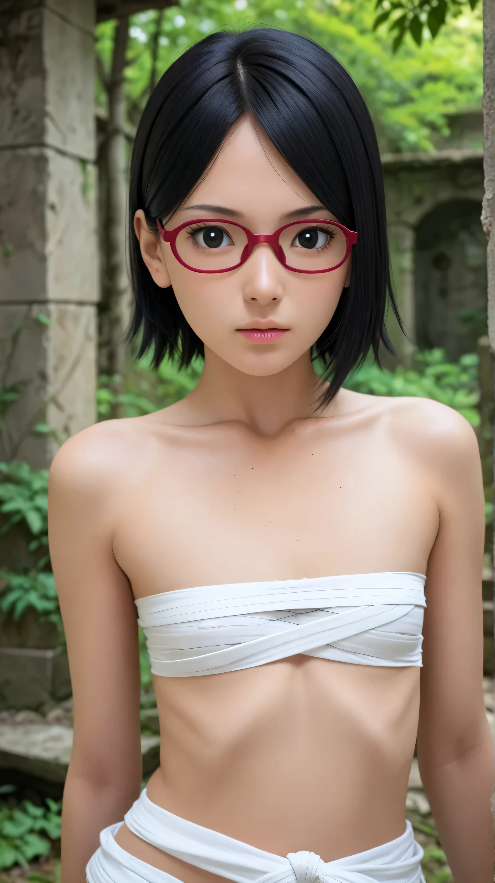 1girl, solo,sarada uchiha,black eyes,black hair,short hair,outdoors,potrait,ruins,flat chest,,wearing glasses,(bandaged chest:1.4),forest