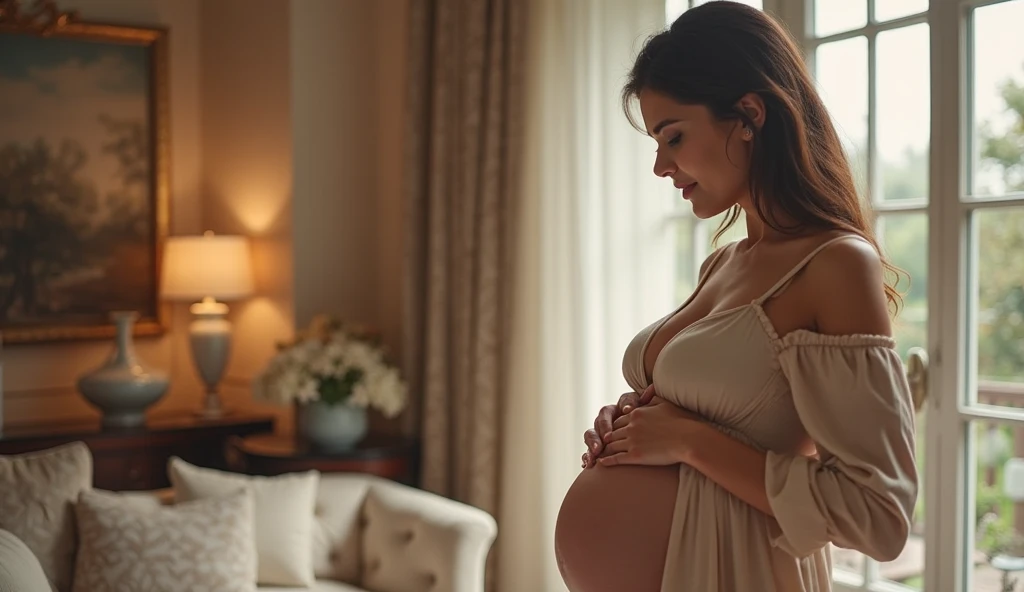 Caucasian female, medium brown tied hair, pregnant, posing for a photo in a mirror