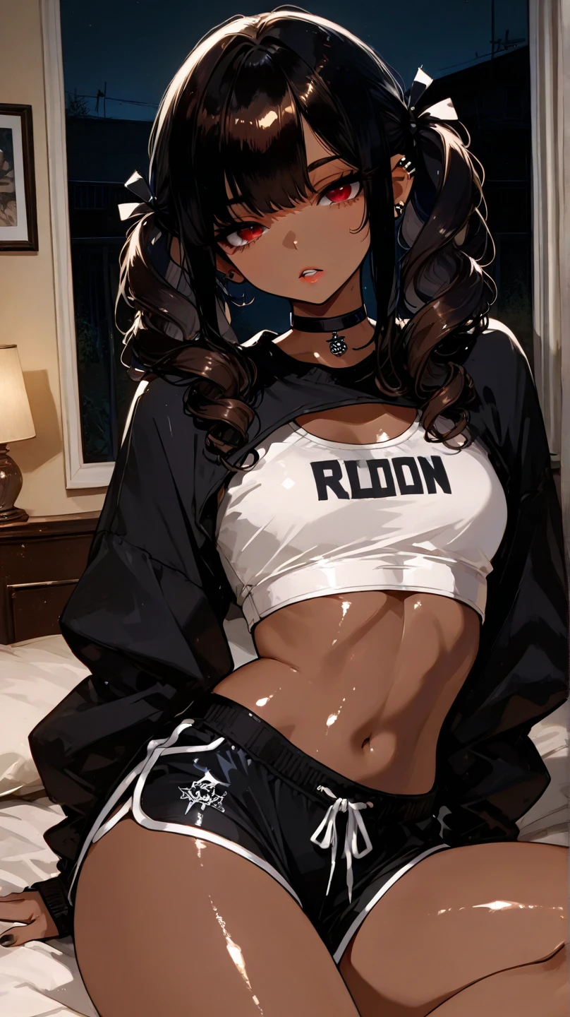 Beautiful female, short hair, black hair, curly hair, blue eyes, chubby female, doe eyes, piercings, wearing thigh highs, oversized shirt, black shirt, blue thigh highs, ecstasy expression, soft features, sitting on bed, olive skin, fine curly hair, 2 women, brown hair, brown eyes