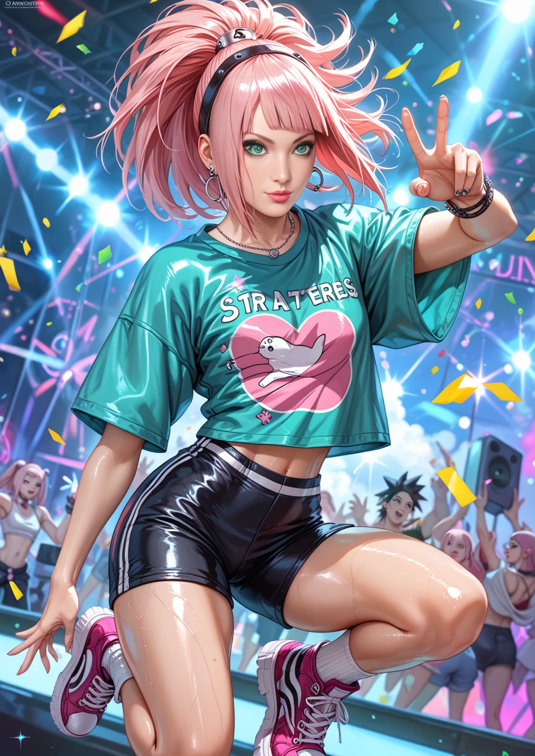 anime waifu a pop k singer, beautiful and colorful clothes, perfect body, huge breasts, background stage
