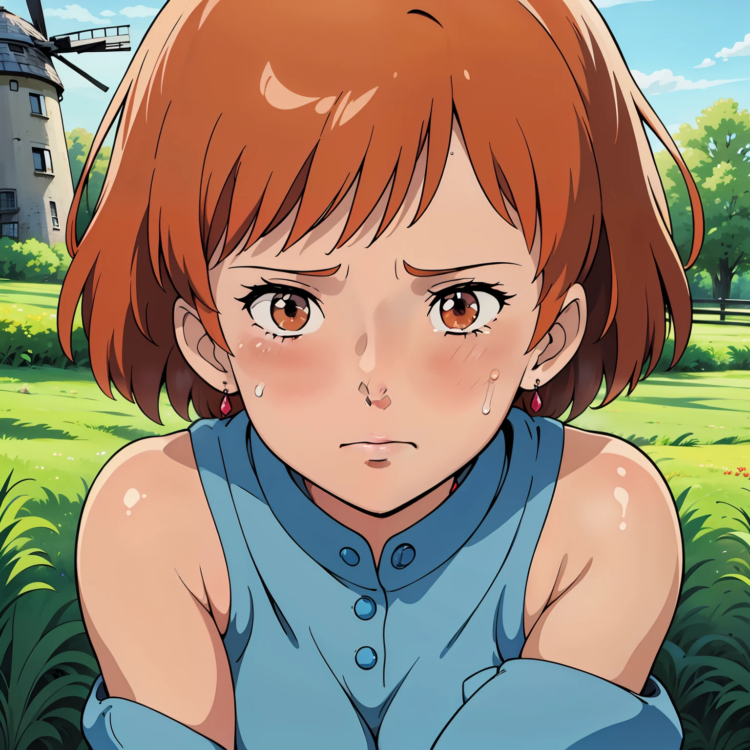 (masterpiece, Highest Quality, high definition, 8k, High Quality Anime Illustration, Detailed, delicate, Studio Ghibli), Nausicaa of the Valley of the Wind, (全裸の愛くるlikeの美少女), goddess, Bold sexy shot, clear, I feel the strength of intention, (Rin々like), Babyface, blushing, (alone), orange hair, short hair, Elegant Short Bob, red jewel earrings, (Watch the audience with sadness), big breasts, beautiful breasts, pink nipples, pinched and pointed nipples, 美likeおマンコ, Love liquid, (Smooth pussy), Perfect body balance, spats, perfect beauty , Slender Body, Valley of the Wind Scenery, 渓谷の美like風景, Tower Castle, windmill, Wheat field, Ishigakiの小道, Vineyards, Looking sideways, Castle terrace, Ishigaki, Princess bed, Heavy Carpet , ( perfectly detailed anatomy , beautiful and elaborate face&eye:1.5, Glossy Skin, perfect body)、美likeお尻, Slim legs, snapshot, I want to see my whole body , (Mysterious beautiful girl), A shot for only 1 person, Ghibli style,