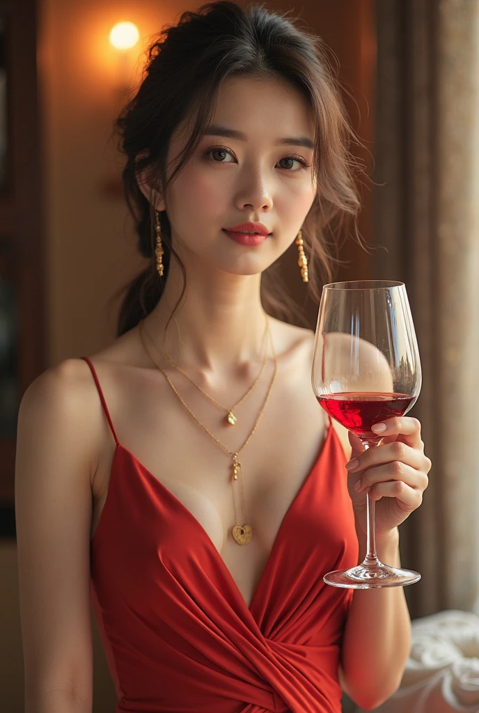 ((Highest quality, 8K, masterpiece :1.3)), Sharp focus :1.2, Beautiful woman with perfect figure :1.4, Slim Abs :1.2, ((Big Breasts, Emphasize cleavage:1.3)), (Photorealistic:1.4), (realistic:1.4), (Blonde:1.5), Highly detailed face and skin texture, Fine blue eyes, double eyelid. Makeup face. A little bit of lipstick, necklace, Earrings, sex appeal, Sexy gravure pose,  ((Sexy beauty in a red dress、Enjoying dinner at a fine restaurant、Long wavy black hair、A graceful smile、Holding a wine glass。:1.3)