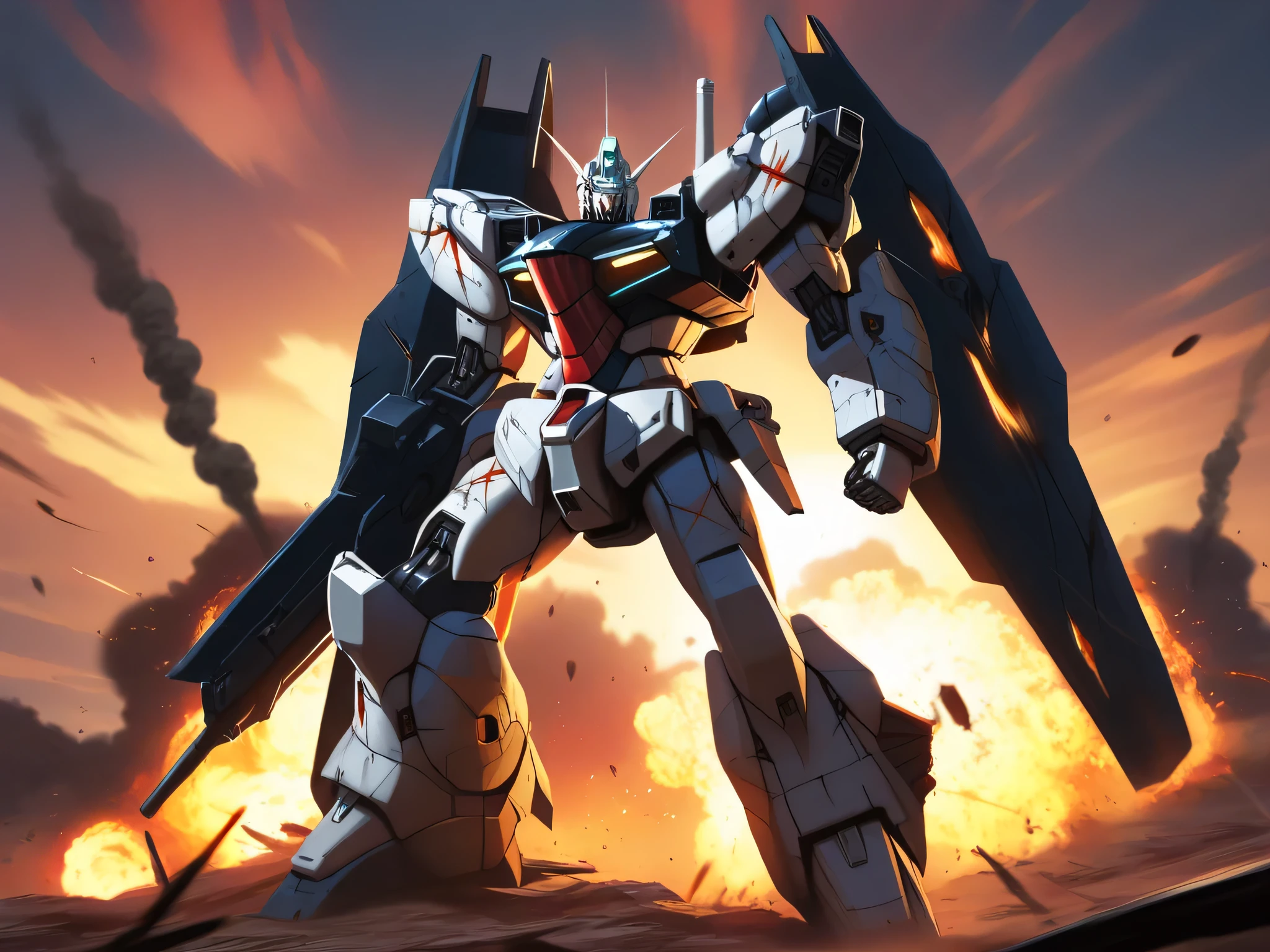 "Anime style, giant humanoid robot standing amidst a battlefield, explosions and smoke in the background, dramatic sunset sky, heavily armed mecha with battle damage and scorch marks, dynamic pose, powerful composition, highly detailed mechanical design, cinematic lighting"