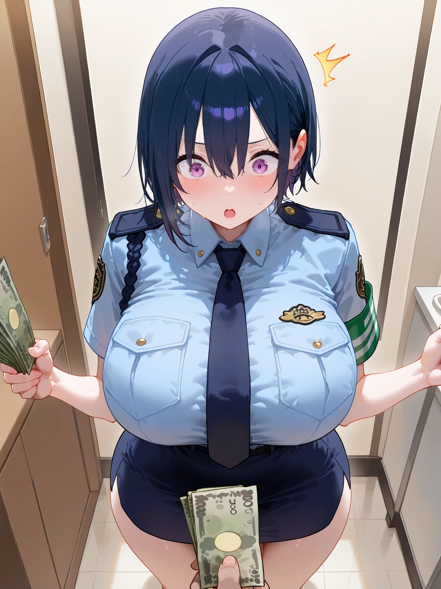 masterpiece, Highest Quality, complicated details, high definition,
1 woman, solo,
mash short hair, dark blue hair, purple eyes,
huge breast, huge hips, Young face, Short stature,
police, police uniform, skirt, miniskirt, cosplay,
room, taken from above, lots of money , holding money pov, holding money, pov, banknote, holding,
troubled face, panic, surprised,