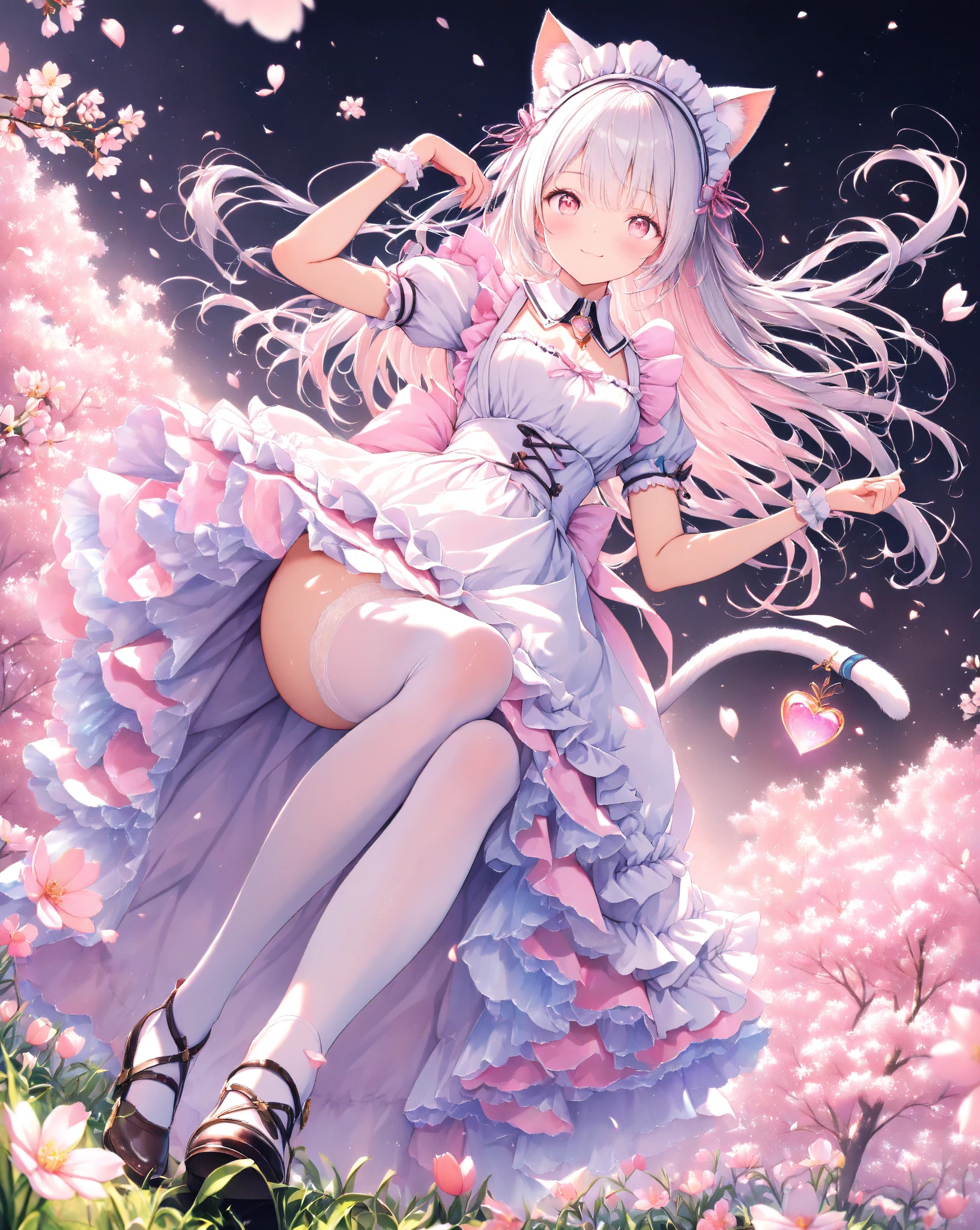 ((masterpiece)), ((best quality)), (ultra-detailed), (kawaii), kawaii, cute, lovely, illustration, anime style, (beautiful eyes), Spring-themed, 1 girl, pastel color, white straight hair, wearing white pink seifukuu, wearing pink skirt, long white socks, cool pose, perfect lighting.