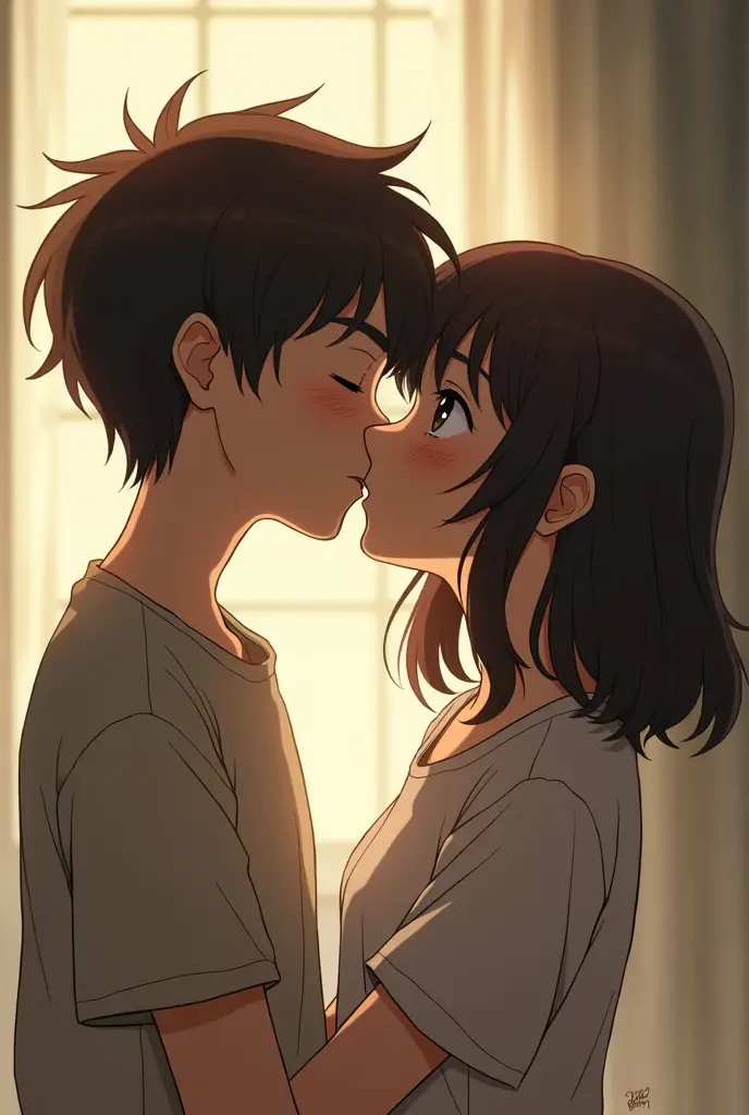 Make a BOY, offwhite, with brown hair and eyes with bangs, with black and slightly thick eyebrows kissing Haruhi Fujioka.