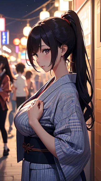 1girl, woman, (wetting self:1.5), desperation, (very long hair:1.5), straight hair, medium bangs, huge breasts, black hair, blue eyes, furisode, kimono, cleavage, (blushing:1.5), aroused, orgasm, smirk, wavy mouth, trembling, (hands behind back:1.5), city, street, crowd, night, futuristic, colorful lights, colorful city, storefront, counter