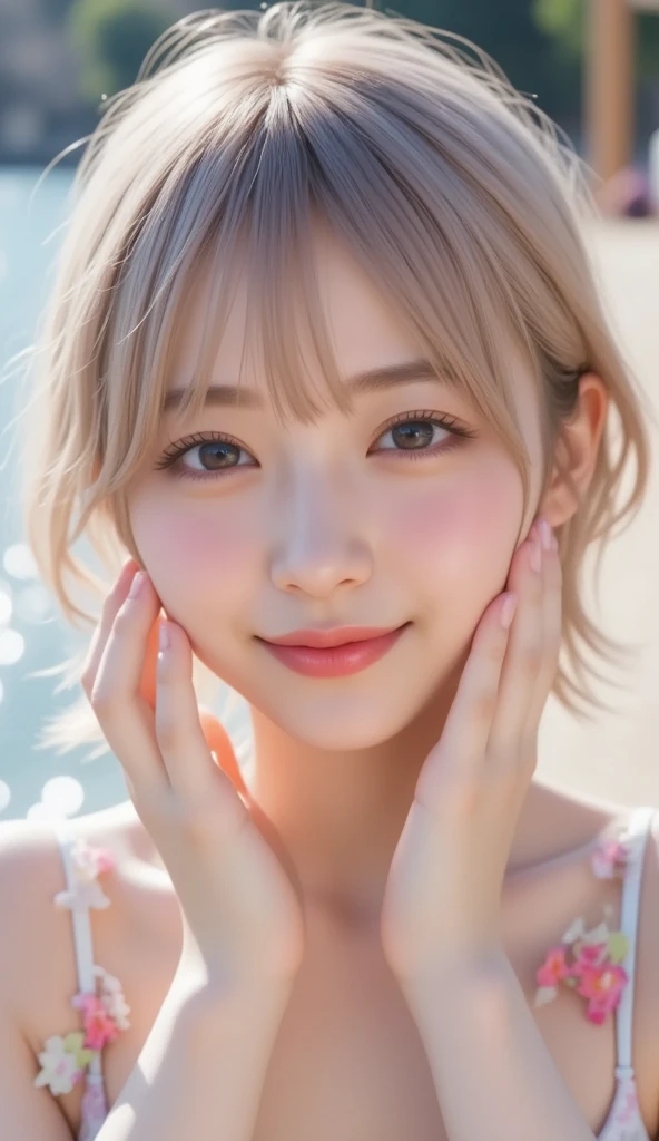 close-up of the smile face、close-up of the smile face、Designer、(realisitic、hight resolution)、(1 girl in)、Do-Up Eye、Korean Girl、(Best Quality), (masutepiece), (1girl in), Solo, a beauty girl, Perfect face, dreamlikeart、Highly detailed airbrush art((Surreal))、Volumetric lighting、(top-quality)、The ultra-detailliert、Highly detailed colorful details、(Bright lighting)、dynamic compositions、Ray traching、The mirror reflects light、Shallow depth of field、ultra-detailliert、mixing exposure、nffsw、Her eyes are glowing pink、Eyes are pink。Tank Tops