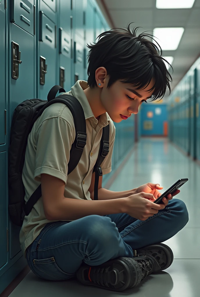 A lonely boy listening to music and playing on his cell phone at a school 
