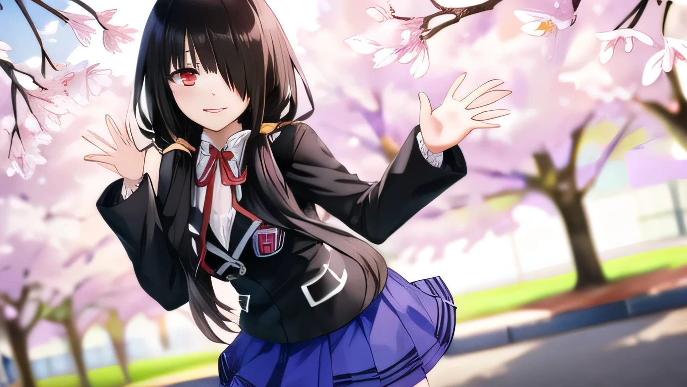masterpiece, best quality, highres, 1girl, bbkurumi, long hair, hair over one eye, low twintails, school uniform, black jacket, pleated skirt, blue skirt, black pantyhose, standing, outdoors, cowboy shot, smile, cherry blossoms, waving,