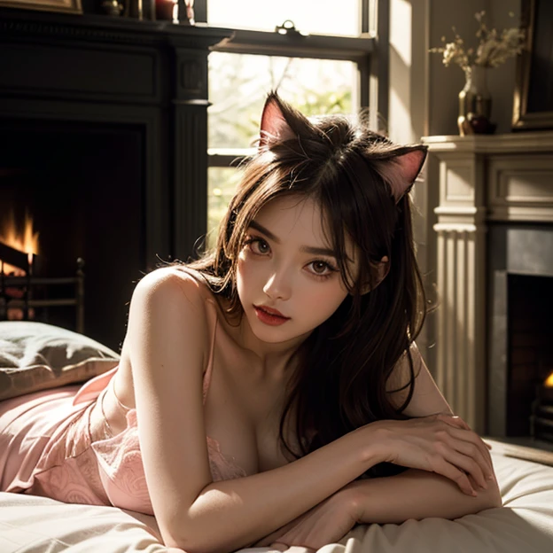 a mature woman，a tall and beautiful one，cat ears，，High heeture woman，Married woman，Revealing thong，Dents visible on thong，The mouth opens wide，Shout loudly，Wearing a doctor's white coat，a black face，Put your hands behind your back，Lying in bed，bikini，Foreign object visible in thong