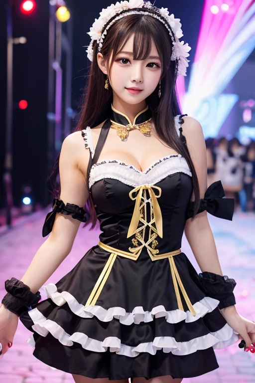 (1girl),clothes in disarray,(idol costume:1.5) (big breasts: 1.2), gravure, beautiful Japanese, (from above:1.5) ,(looking at viewer),(kneeling pose),smirk,(upper body),(brown hair),(wavy hair),24years old,