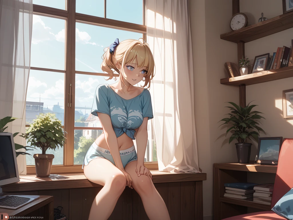 17 years old Women, ((Blonde)), ((Blue eyes)), ((Short hair)), ((Full Body)), Wear a Brazilian thong in a sunset-lit room