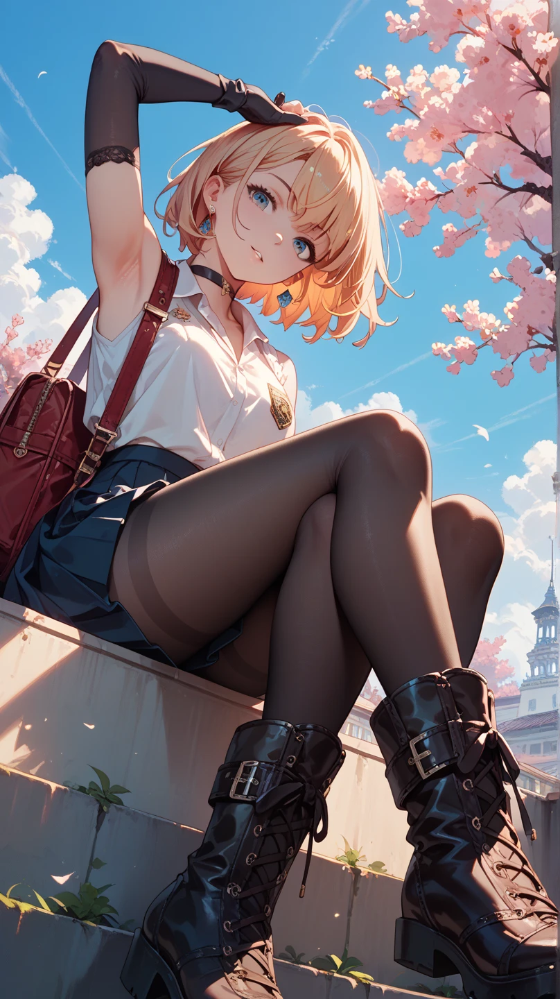 Isshiki Roha, shorth hair, brown haired, brown-eyed, skirt by the, The shirt, bow ribbon, 校服, jaket, White shirt, Open clothes, sockes, Open jacket, Black jacke, Plaid, knee high, plaid skirts, blazers, cardigan, Black socks, pink cardigan, sobu highschool uniform, a smile, solo,Black tights