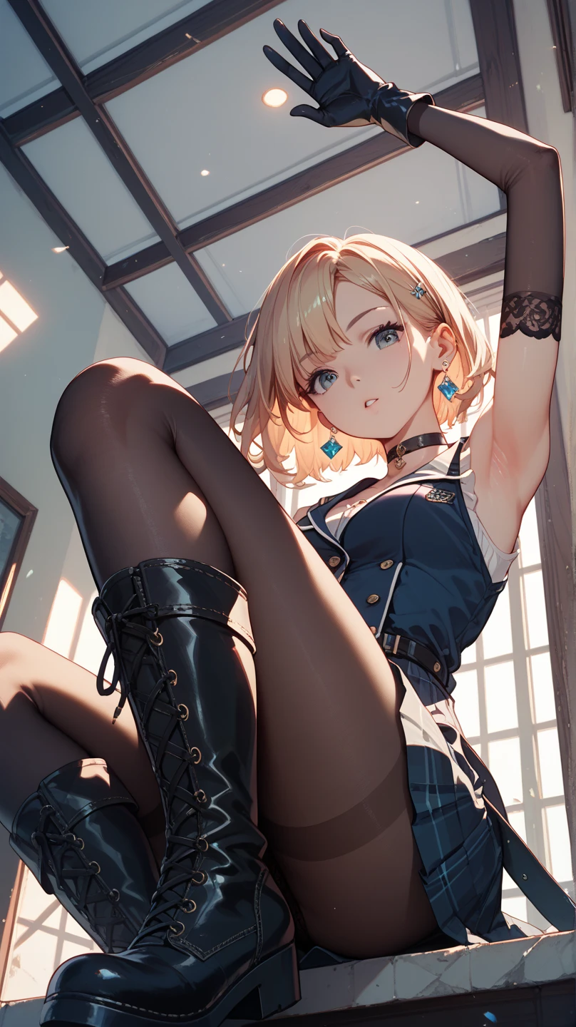 masterpiece,best quality,1girl,full body,blonde hair,short hair,twintails,squatting,spread legs,panty shot,jirai fashion,lift up the skirt,perfect hand drawing,