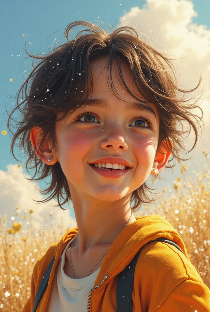 younge boy，cartoony，rays of sunshine，Sunny weather，ssmile