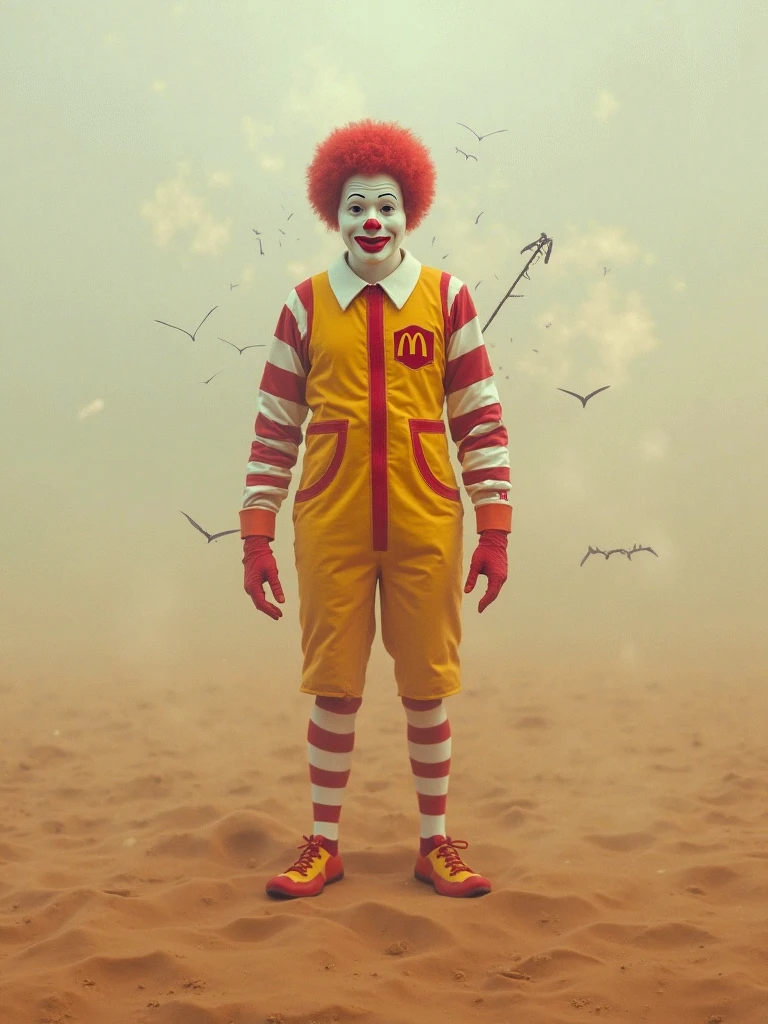 figure composed of delicately arranged fur arms and dust legs, poised in a carefree kniebeuge on plalm of a clown, clowncore, wired lightframes postapocalypse