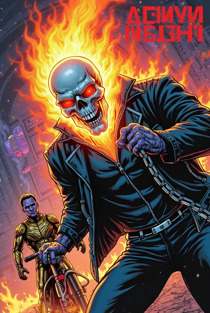 Marvel's Ghost Rider (portrayed by Taylor Swift, leather jacket, leather pants, flaming skull head, gloves, several hell chains wrapped around forearms), night, downtown Tokyo