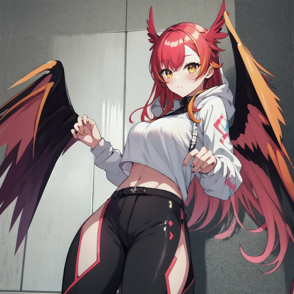 ((best quality)), ((highly detailed)), detailed face, beautiful face, , (1girl), (glasses), from behind, looking back, dynamic pose, full body, (((very wide shot))), <lora:BibleBlack_SchoolDress:.9>, CLOTHING_BibleBlack_SchoolDress_ownwaifu, white shirt, collared shirt, long sleeves, black vest, red necktie, red skirt, pleaded skirt, suspenders, zettai ryouiki, black thighhighs, <lora:hairdetailer:.6>, <lora:aiomonstergirls_aiov4LoraLycoris:.4>, <lora:animeHarpy_v10:1>, (harpy), red feathers, orange eyes, winged arms, (wings instead of hands), neck fur, bird legs, talons, medium breasts, (inside, in a hallway)
