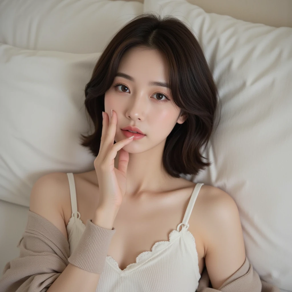 8K, Ultra-high resolution, highest quality, masterpiece, Surreal, photograph, 1 girl, (:1.3), pretty girl, Cute face, Beautiful eyes in every detail,masterpiece,(One Girl), Great face and eyes, (Big round eyes:1.15), (非常にdetailedな美しい顔), (Lace-off shoulder, Pleated mini skirt:1.3), (highest quality:1.4), (非常にdetailedな), (Surreal, Photorealistic:1.37), Beautiful white skin, 非常にdetailedな CG 統合 8k 壁紙, RAWphotograph, プロのphotograph撮影, Cinema Lighting, Bedroom, futon, pillow, Sitting, Spread your legs wide, Look at me, (Beautiful Flower Wallpaper), Ephemeral、Fragile, Adorable,Bob Cut Hair、Look at the audience、beauty,Long neck、Smile a little、Please close your mouth and laugh、(((Ideal body proportions))),A cup small breasts :2,、Portraiture:2、Perfect Anatomy、Vivid details、detailed、Surreal、Light and shadow,Strong light,Fashion magazine cover,Thin lips