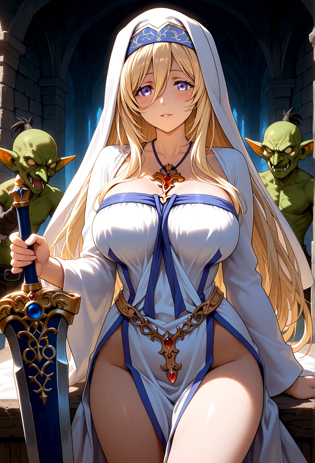 sexyガール, beautiful girl, Goblinsスレイヤーの雷電, beautiful, sexy, expensive, Yellow Hair, White clothes, big , sword, Cinematic, Dramatic Pose, Wearing a blindfold, rape, Goblins, Goblins around her, surrounded by Goblins, Congested Areas, fucked by Goblins, Goblins sex, green Goblins, Hardcore Sex, transformation