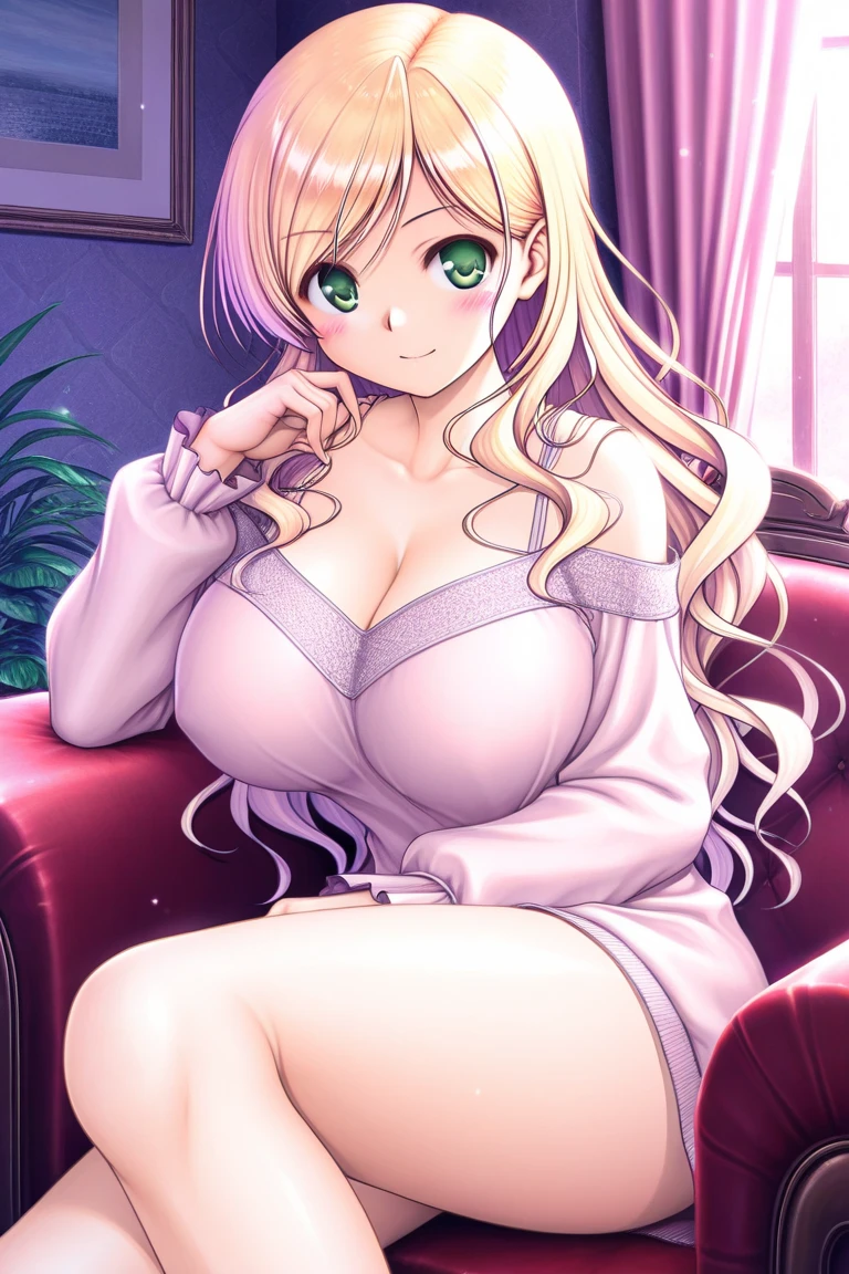 1girl, alone, minami fuyuki,masterpiece,best quality,highres,ultra-detailed,bbminami,long hair,large breasts,ahoge,earrings,necklace,dress,pink dress,shirt,bare ,indoors,bed,sitting,wariza,smile,(blush:1.2),big breasts, medium waist, wide hips, wide thighs, long blonde hair, violet eyes, earrings in her ears, excellent anatomy, excellent hands