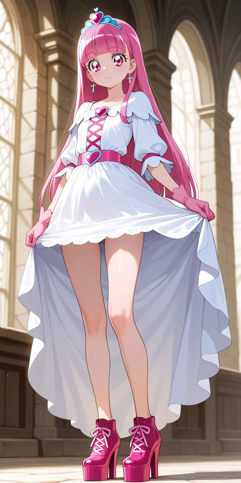 Girl with short pink hair,Female imps,Delicate facial features,The body is soft,plumw,Wearing a long pink dress,white stockings,high-heels,Wearing white gloves,(Raised a leg),(Reveal soaked panties),The white liquid runs down the base of the thigh,She is shy,The face is red