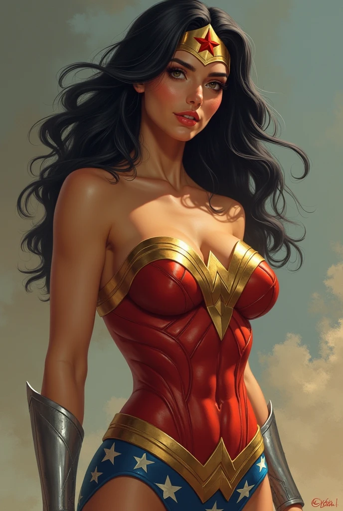 comics wonder woman, long black hair, ((medium breasts)), smiling closed, blushing, realistic hair, cinematic, realistic skin, (forshortening), looking at viewer, close up half body portrait, ultra low angle shot, blue eyes, sunset background, sunshine on face,