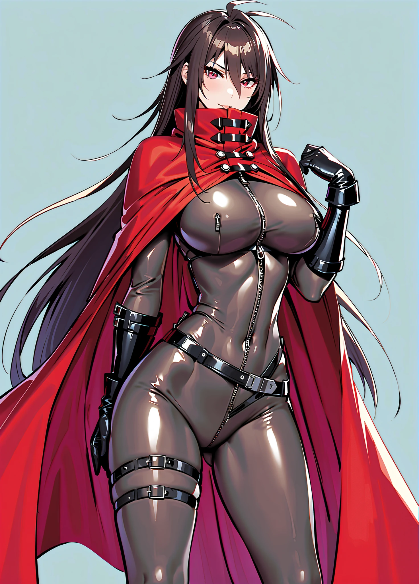 generate a High quality image of Kurihara Mari from prison school, black long hair, grey eyes, blushing cheeks, wearing robotic bikini Armor and red colour cape, dynamic pose, full body view, standing on the destroyed futuristic city, rainy weather, cinematic shadow, cinematic fog, crows in the sky,