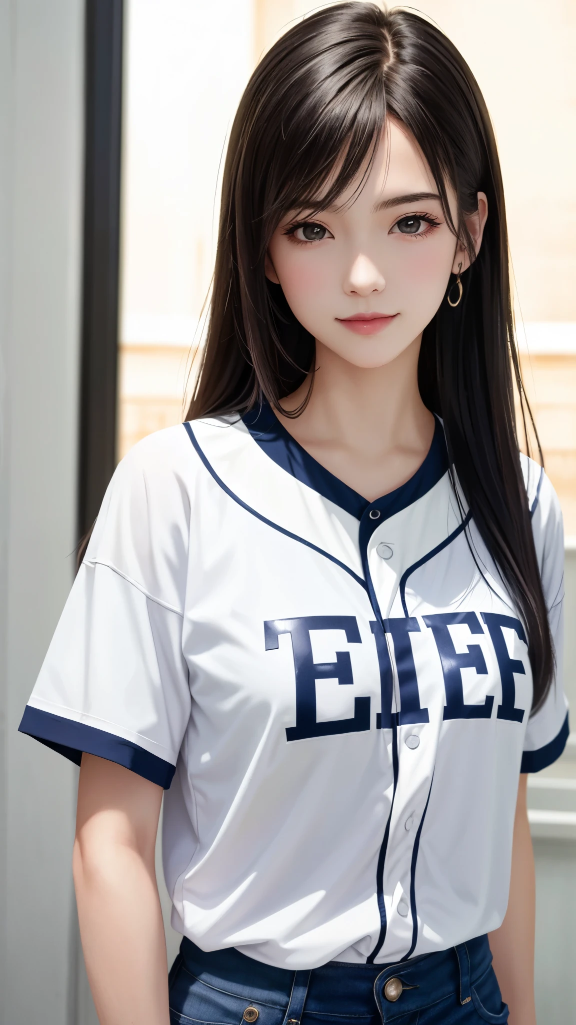((1girl)), in soccer jersey, pose at soccer field, makeup with glossy lip, small breasts, necklace, (sexy jeysey:1.4), various angle, ((face focus)), 22 years old, Beautiful Japanese Girl, standing pose, (nsfw:1.4), she is sweating, (footballl field as a background)