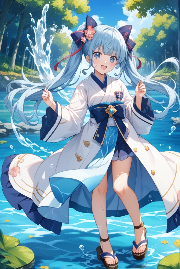 ((2D beautiful girl、top-quality、perfect finger 14、Perfect Anatomy 1.4、extremely delicate and beautiful illustration))、cute it girl、(transform sequence)、((white shrine maiden leotard、blue decoration))、14y、a junior l Art、baby-face、((stright long hair))、bful dled eyes、Show your teeth and give your best smile、Full Body Display、(two individuals)、blue open sky、majestic shrine、pretty headband、Canine ears、