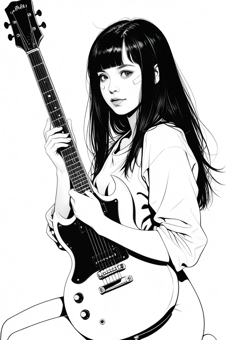 ((Masterpiece, Best Quality)), lineart, Colorful, 1girl, 18-year-old girl, (Panties with floral print), open shirt, liying on bed, (Playing the electric guitar), black hair, bed room, lineart, Colorful,