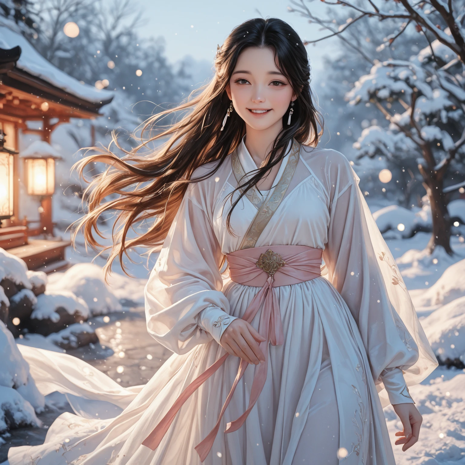top quality,4k quality,1girl,white hanfu,snow,Long Hair Flowing in the Wind,healing smile,Large aperture,blurry background,Exquisite detail,Gentle loving expression,Fresh Natural Atmosphere,Elegant calm ritual,Beautiful exquisite clothing,夢幻迷人的snow景,Delicate soft light,Quiet and detailed atmosphere