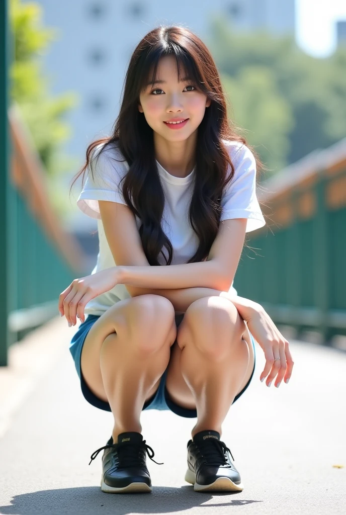 (masterpiece, highest quality:1.2), 8K,細身の12才のfull nudeの女の子, 85mm,Official AR RAW photo, スーパースリムなスレンダーbeautiful girl, (navy blue short skirt、上Half bodyfull nude、show me your ears、naked girl photo shoot、full nude, cute face, close, Half body, biolace, gardenia, beautiful girl, 上Half bodyfull nude, thighs, short sleeve, sit on the station platform, looking at the viewer, no makeup, (big smile), film grain, chromatic aberration, sharp focus, face light, clear lighting, Ten generations, detailed face, background bokeh, (Force them to sit with their legs spread apart)、((((((12 year old girl))))))、((((((12才のfull nude女子高生)))))、thin waist、Lowered from the top of the front