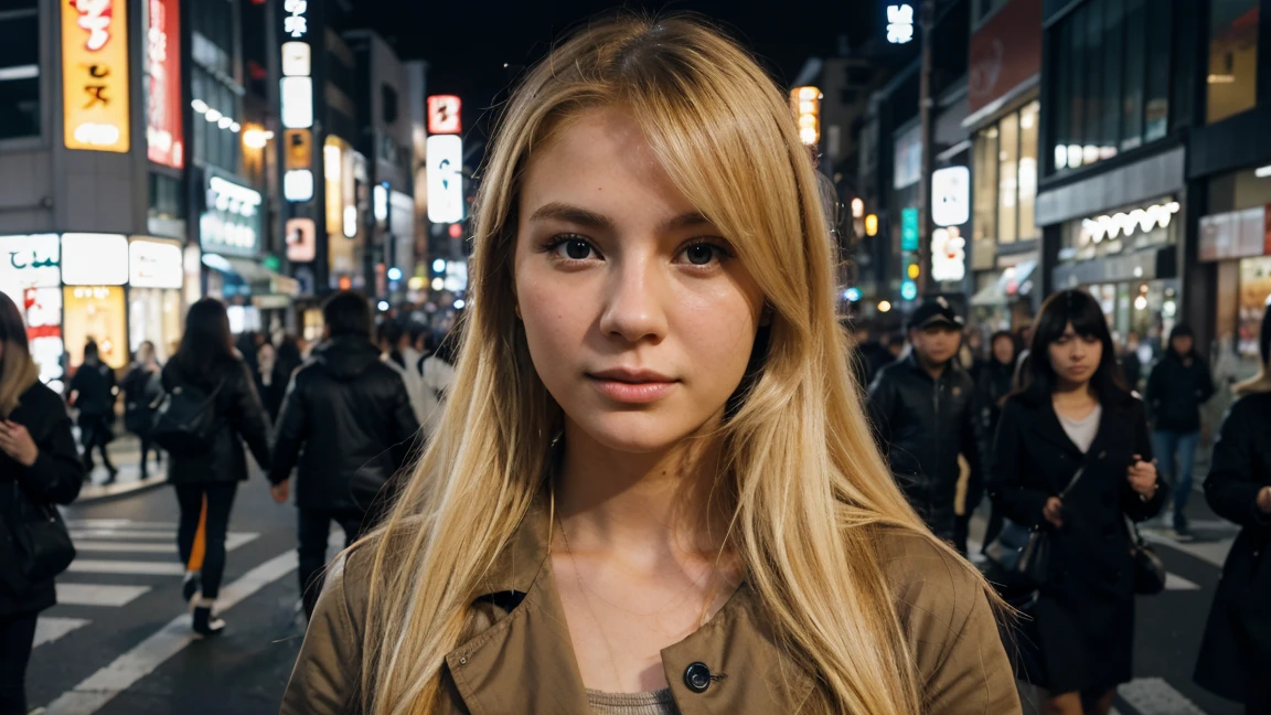 Model, 21 years old, blonde, blue eyes, excited look, blond hair, beautiful,She's wearing a white mini dress, lux ,She poses  on a crowed street in Tokyo,people are passing behind,(best quality), (super detail), best light, ((masterpiece)), (detailed), (1080x1080 pixel)perfect face,
